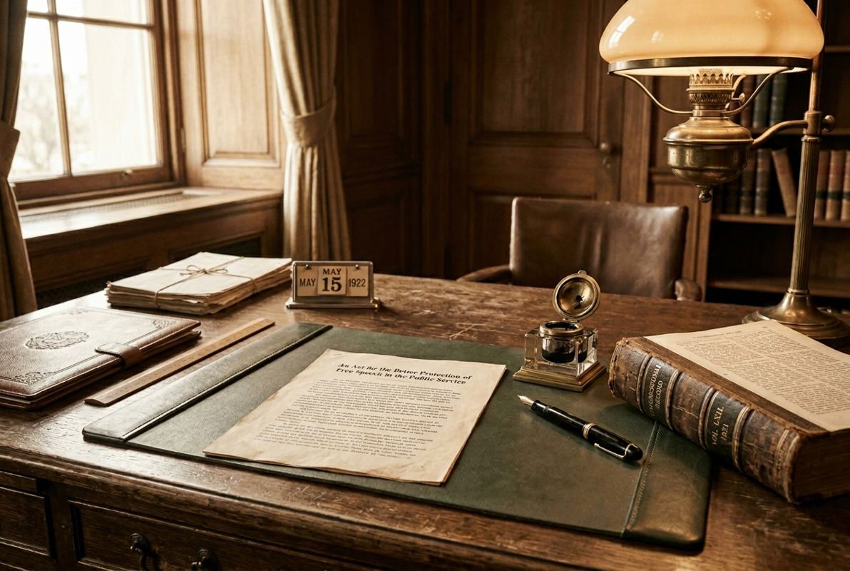 A sepia-toned editorial scene of an early 20th-century government desk: typewritten document, fountain pen, brass lamp and a leather Congressional record, evoking the era of the 1912 Lloyd-La Follette Act.
