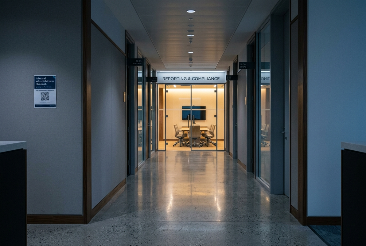 A modern corporate corridor at twilight leading toward a glass-walled meeting room labelled 'Reporting & Compliance', with a small QR-code poster on the wall pointing employees to the internal whistleblower channel.