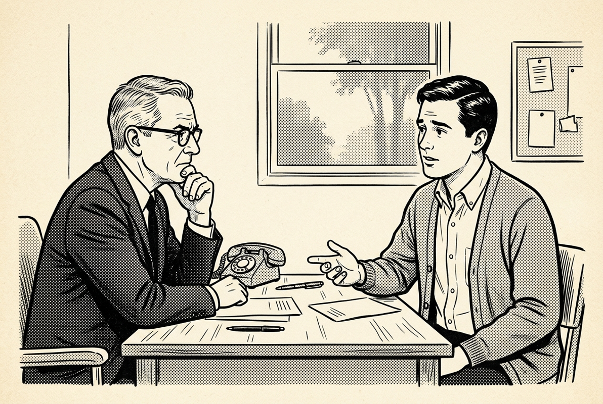 Editorial newspaper illustration of a manager and an employee facing each other across a small wooden desk, the manager listening with chin resting on a hand, the employee mid-sentence.