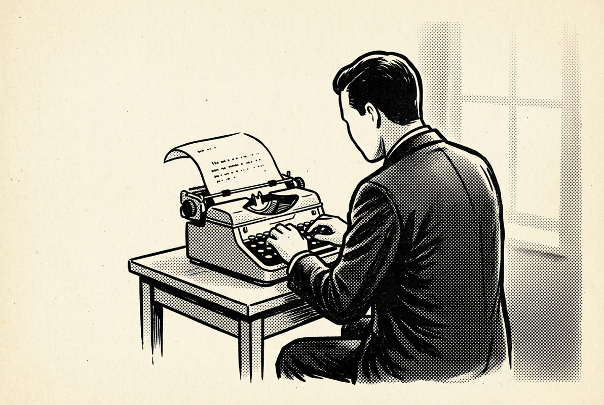 Editorial newspaper illustration of a faceless silhouette seen from behind, hunched over an old manual typewriter, a single sheet of paper curling out of the carriage.