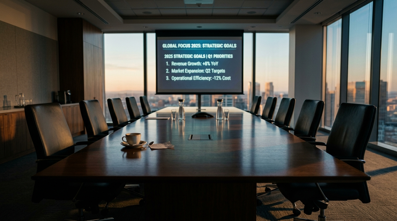 An empty corporate boardroom at dawn with a slide deck still glowing on the projector