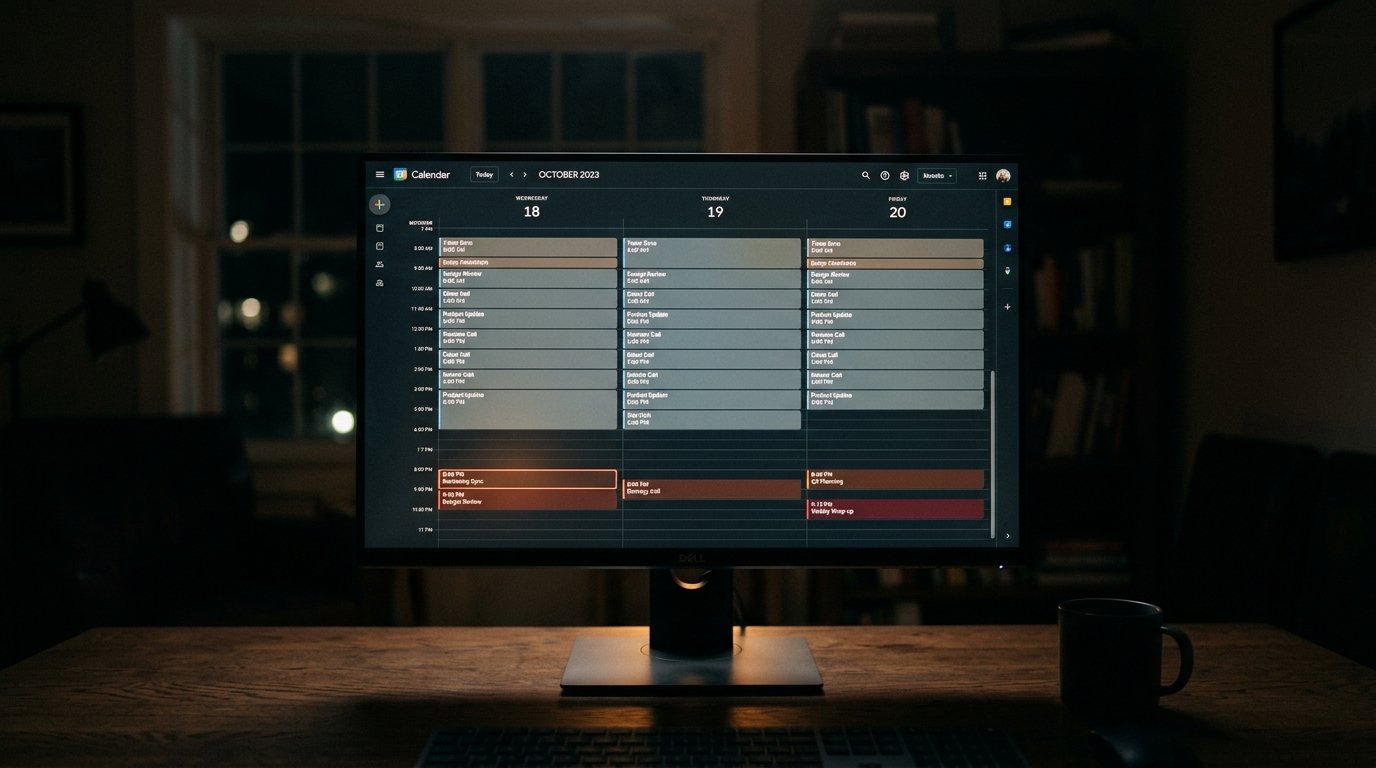 A digital calendar grid with several after-8pm evening meeting blocks subtly glowing red against the rest of the week