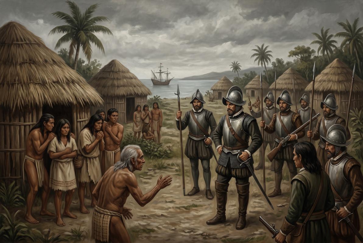 Soldados españoles con armadura enfrentándose a aldeanos indígenas durante la conquista del Caribe