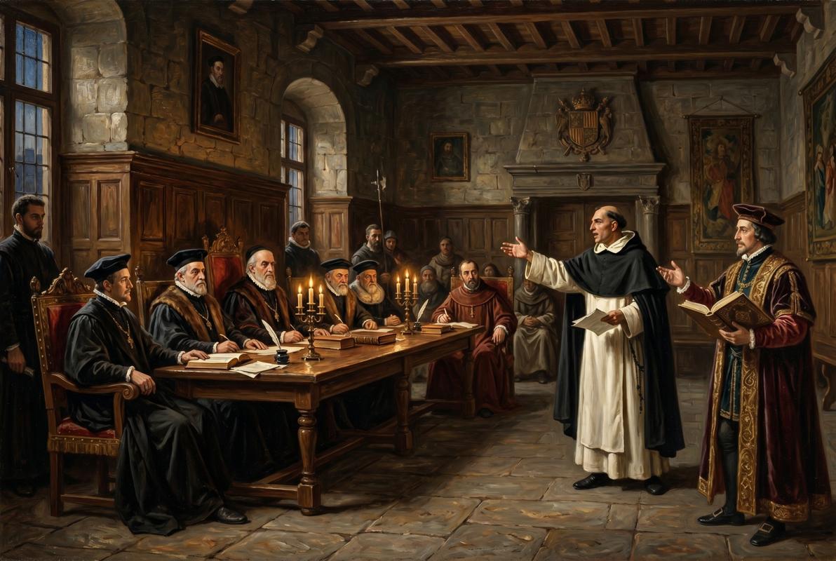 Frailes y eruditos discutiendo ante un tribunal de jueces en la controversia de Valladolid de 1550