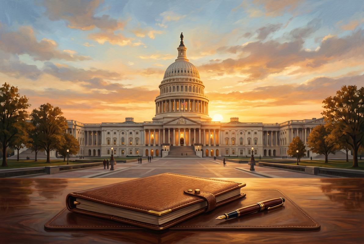 El edificio del Capitolio de Estados Unidos a la hora dorada, con una carpeta de cuero cerrada y una pluma estilográfica sobre una mesa en primer plano