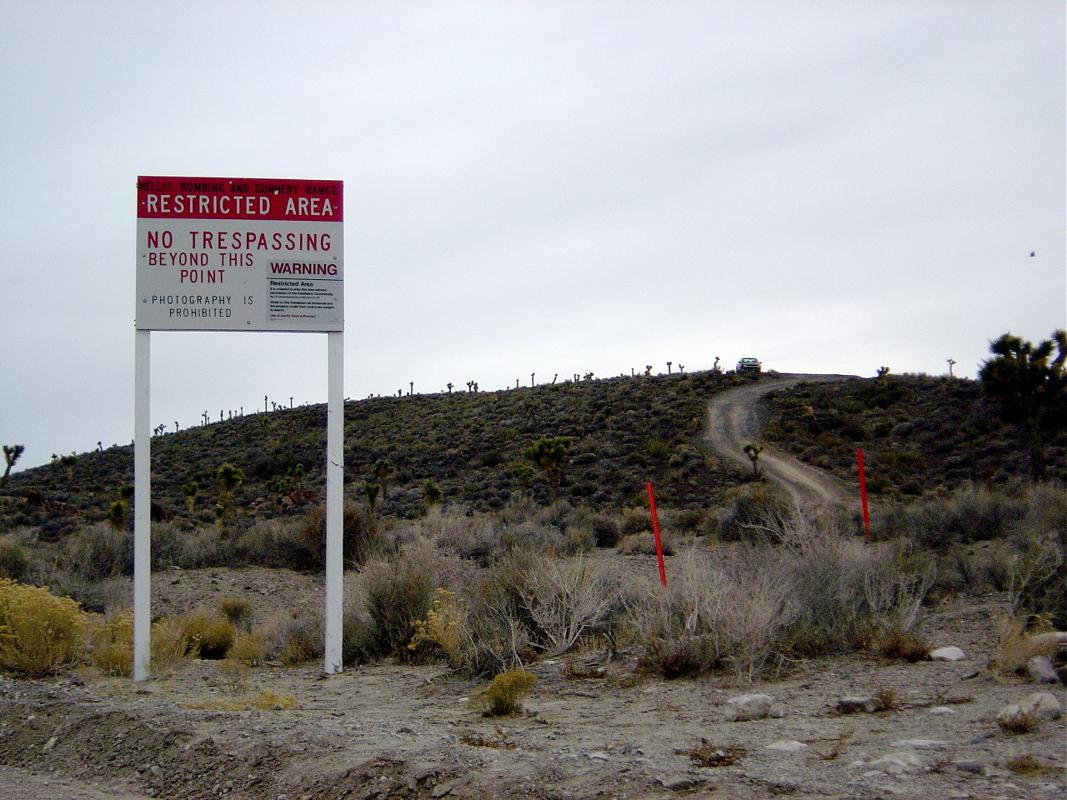A perimeter warning sign at the edge of the Area 51 restricted zone in Nevada