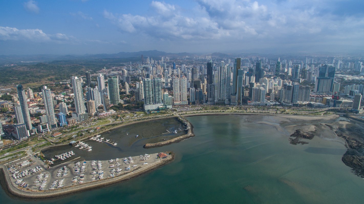 High-rise towers of Panama City's financial district at dusk
