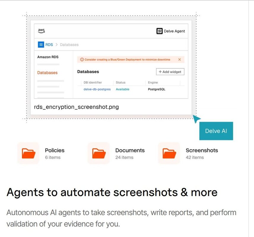 Material de marketing de Delve mostrando agentes de IA que hacen capturas de pantalla y redactan informes de auditoría automáticamente