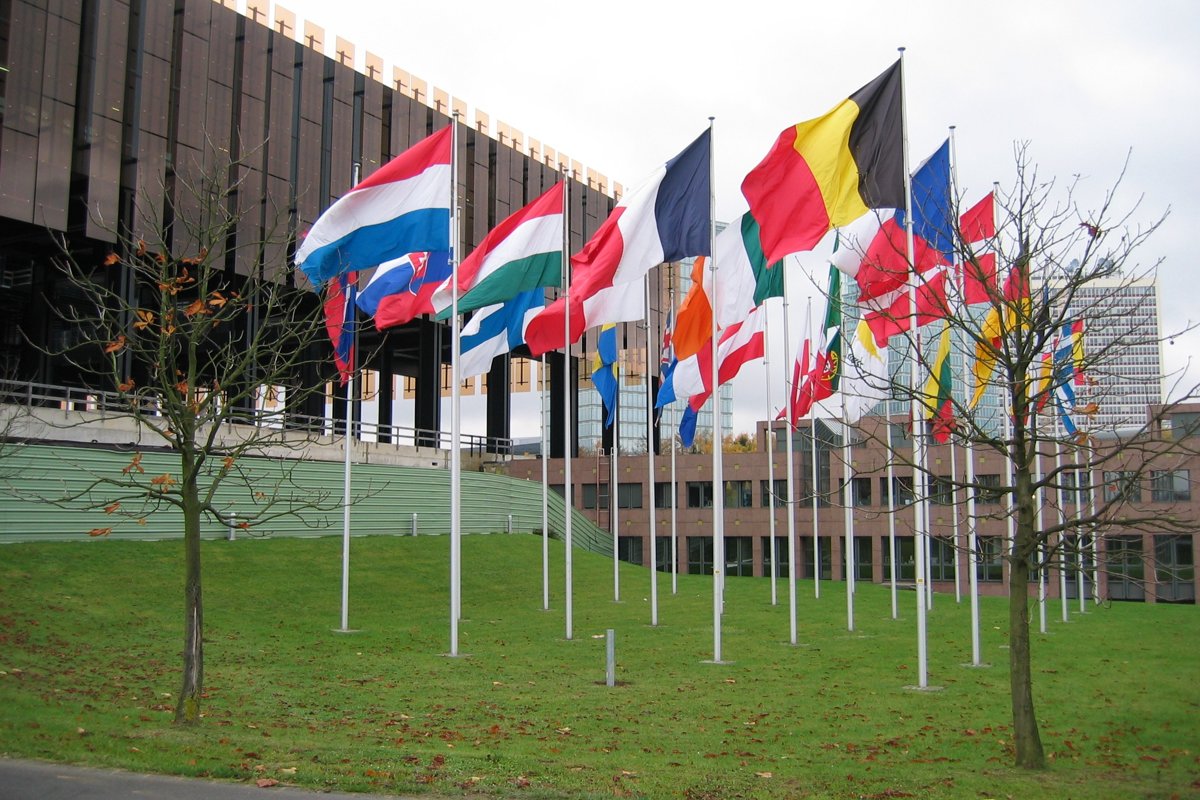 The Court of Justice of the European Union in Luxembourg, with member-state flags