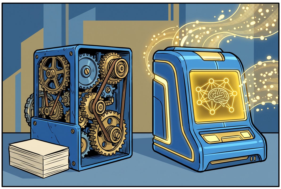 Ilustración que contrasta una máquina de engranajes y reglas con un sistema de IA que infiere a partir de un flujo de datos
