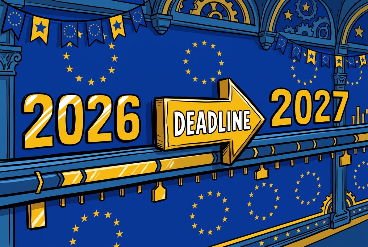Un funcionario de estilo cómic desliza un marcador de plazo de cumplimiento de 2026 hacia 2027