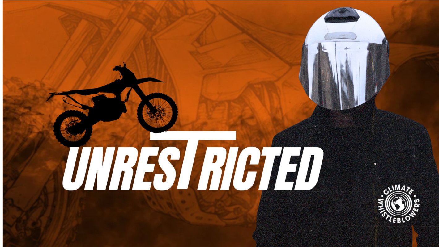 Cover of the Unrestricted investigation report by Climate Whistleblowers, showing an enduro bike silhouette
