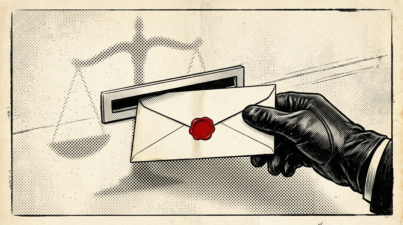 Anonymous gloved hand pushing a sealed envelope into a wall slot, with faint scales of justice in the background, in newspaper halftone style