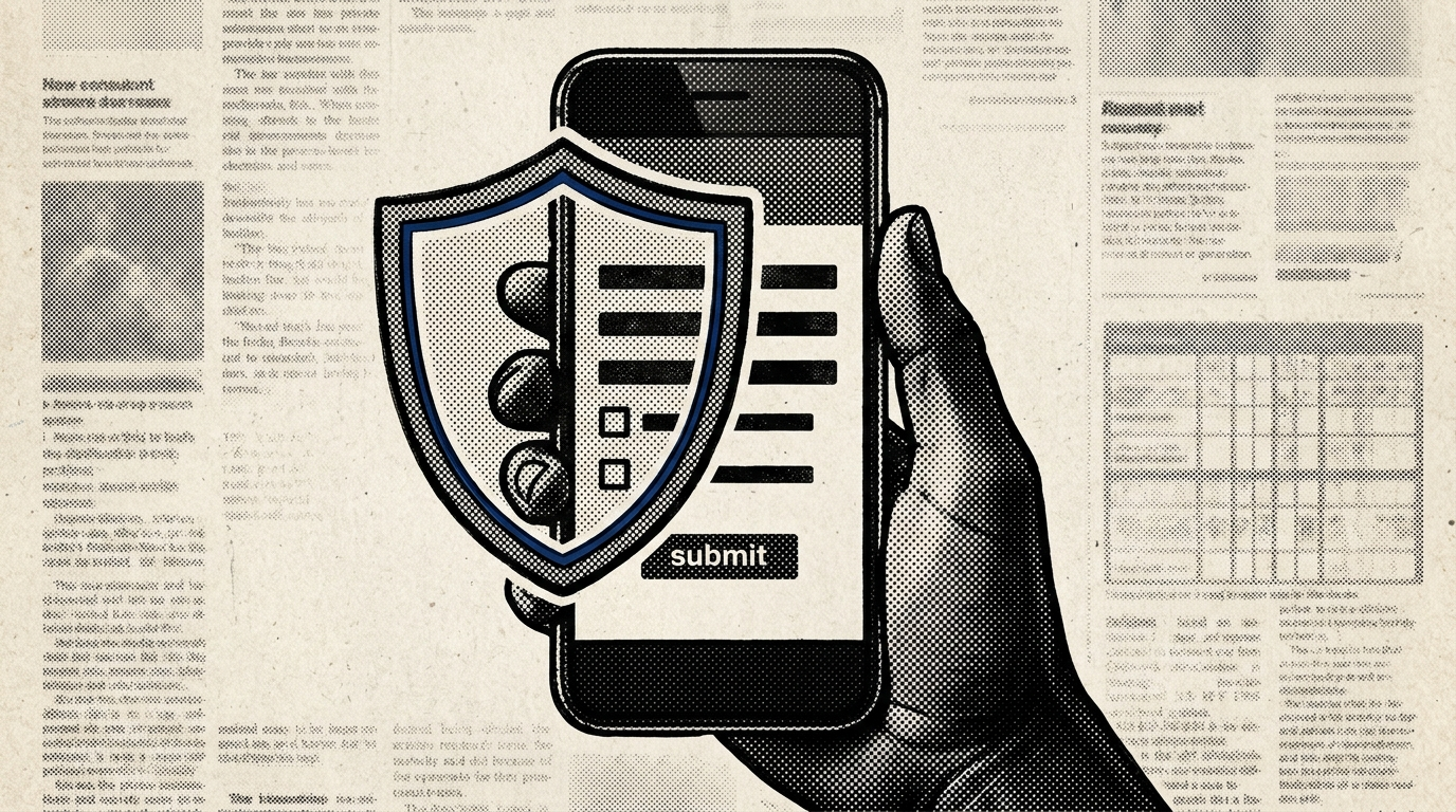 A hand holding a smartphone with a stylised report-submission form on screen, a translucent shield motif in front, in newspaper halftone style