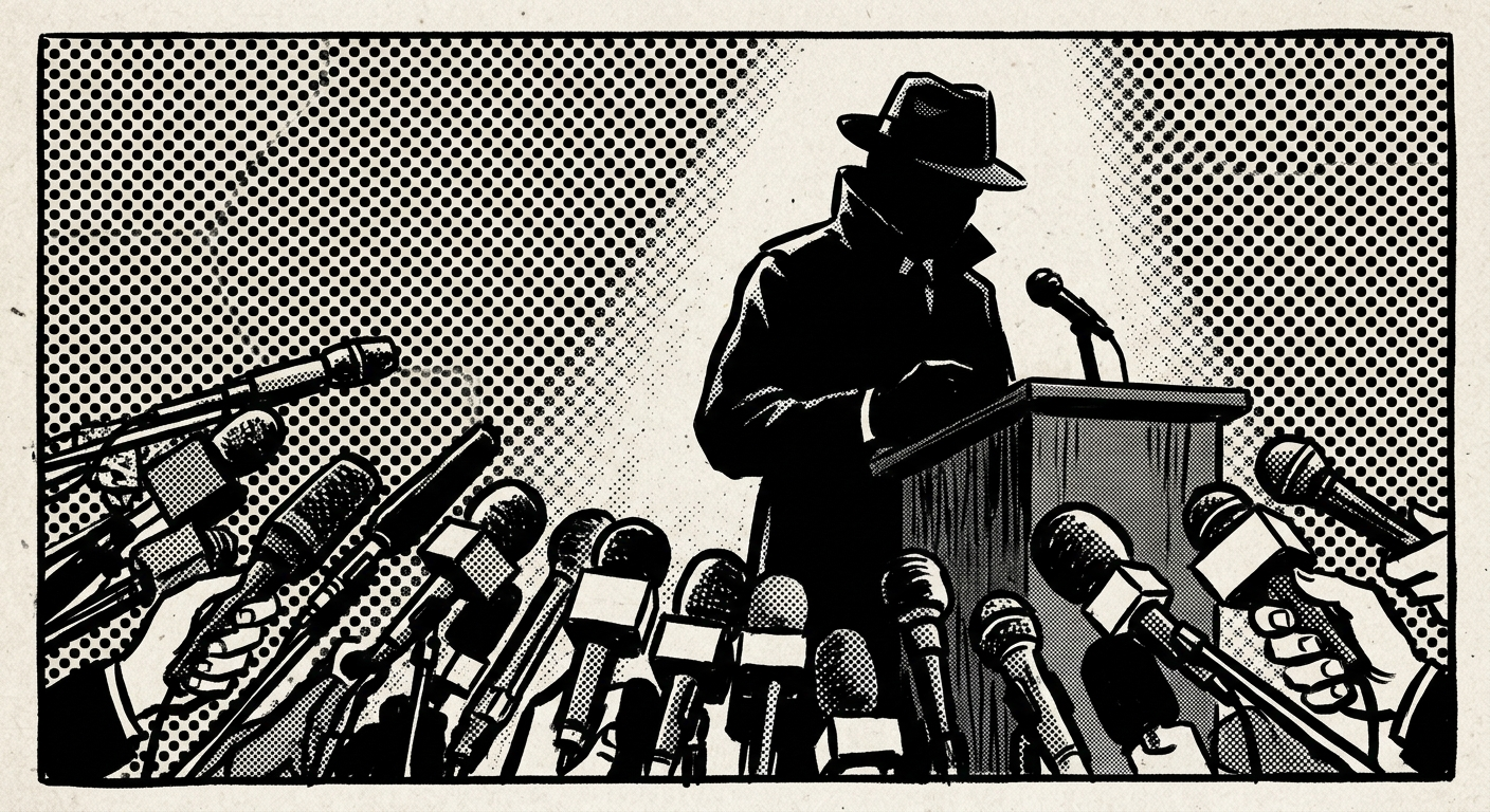 Silhouetted whistleblower behind a podium facing a thicket of reporters microphones, halftone newsprint illustration