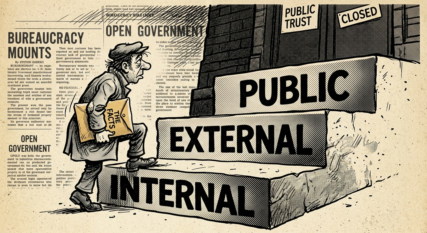 Three step staircase labelled INTERNAL EXTERNAL PUBLIC, figure with manila envelope climbing the bottom step, halftone newsprint editorial illustration
