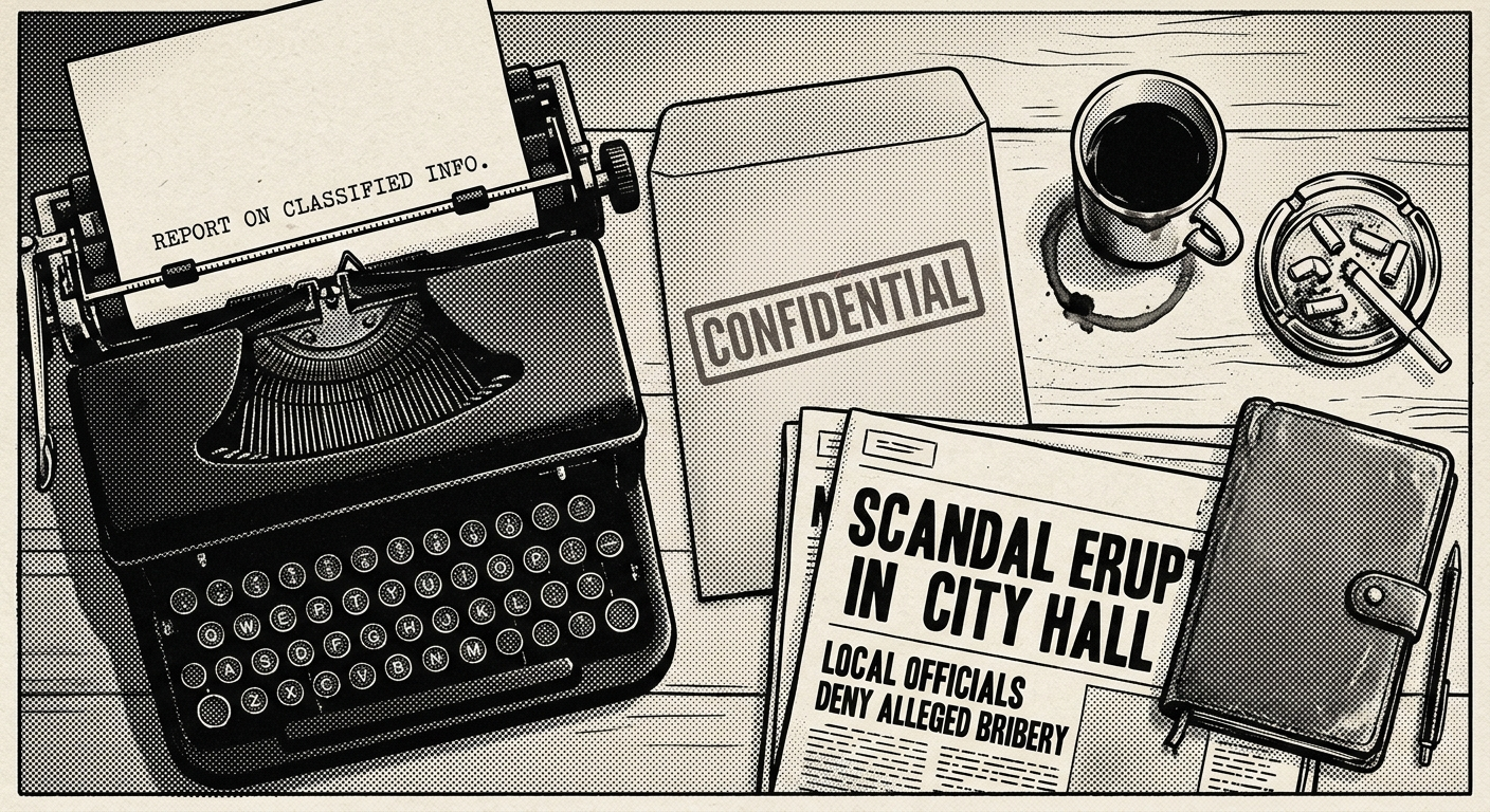 Top down view of a news desk with typewriter, manila envelope stamped CONFIDENTIAL, coffee mug, stacked newspapers, halftone newsprint illustration