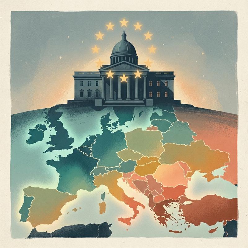 Silhouette de palais de justice néoclassique surplombant une carte plate de l'Europe avec les frontières nationales pointillées