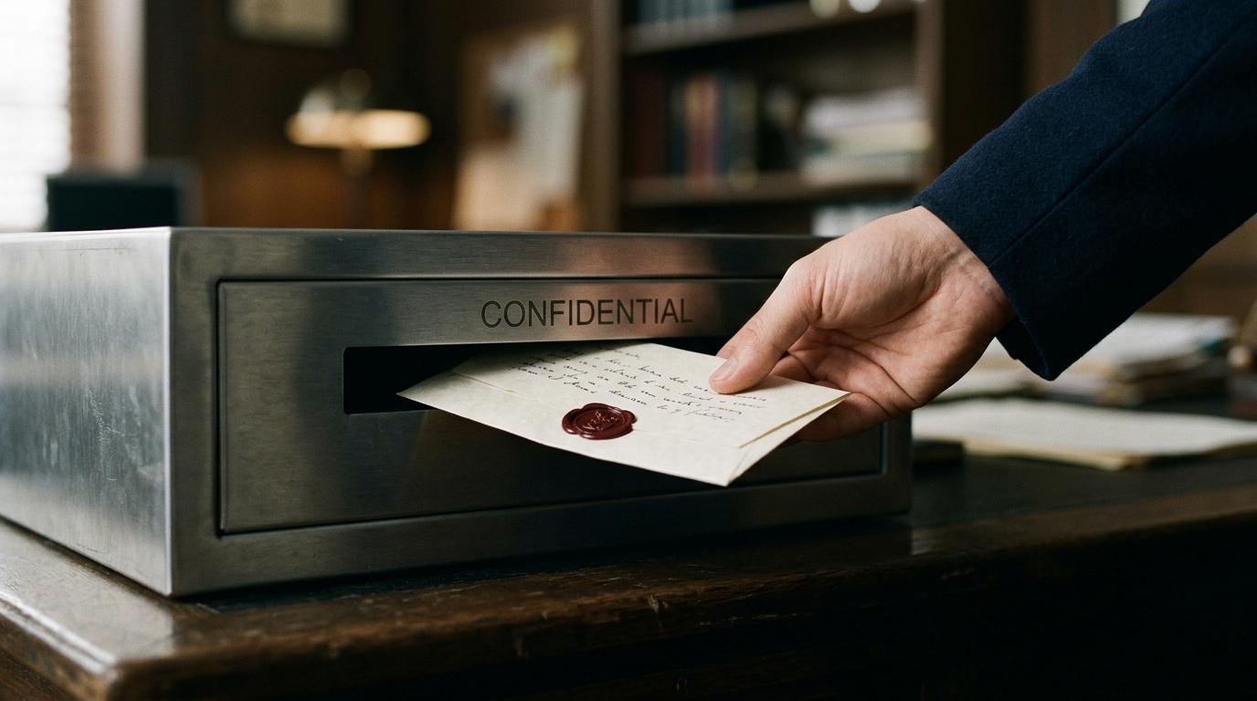 Carta manuscrita siendo deslizada en una ranura etiquetada Confidencial en una caja de metal cepillado