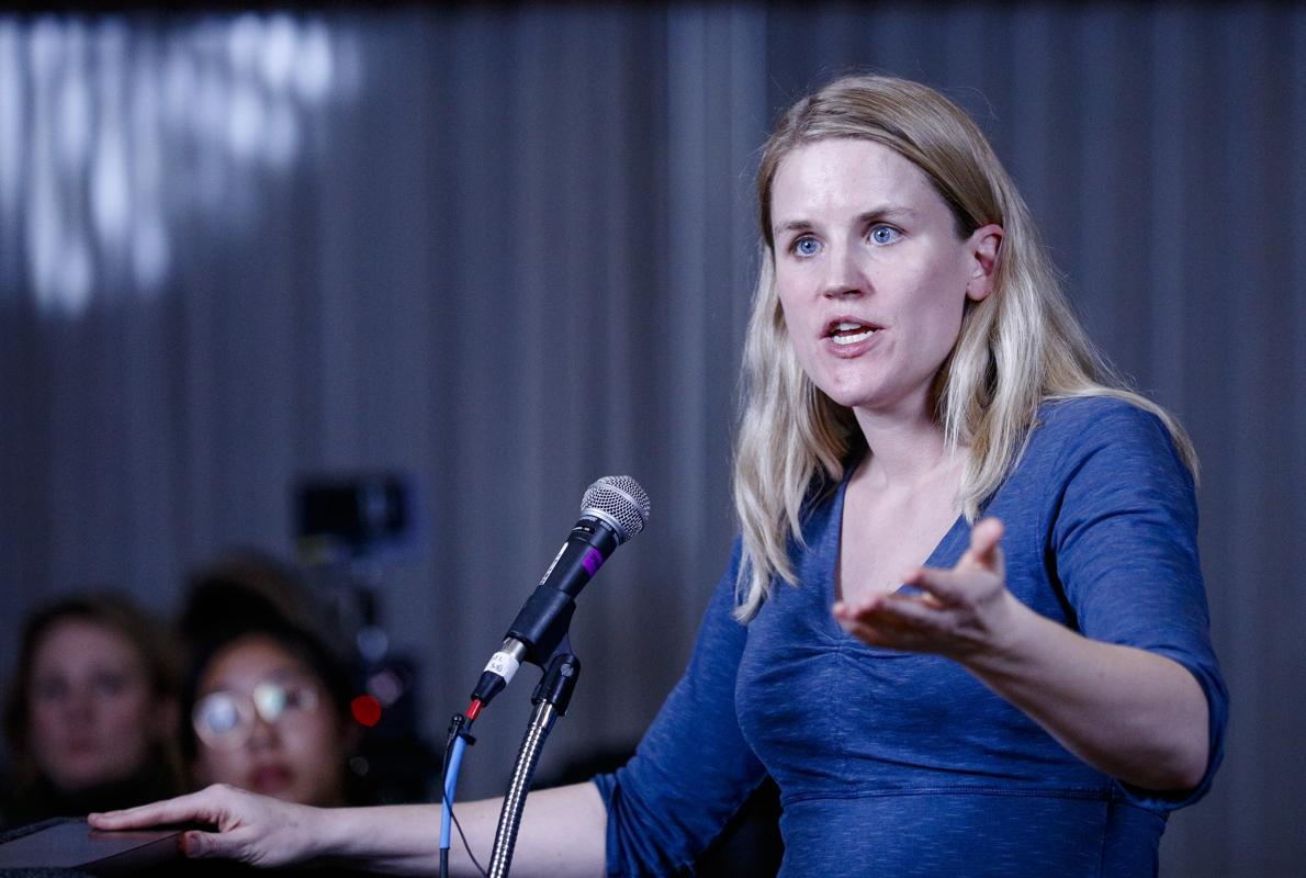 Frances Haugen speaking at a Stanford University conference on whistleblowing, climate and bravery, March 2022
