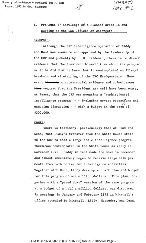 Page 2 of the Watergate Road Map summary of evidence, declassified by the National Archives in 2018