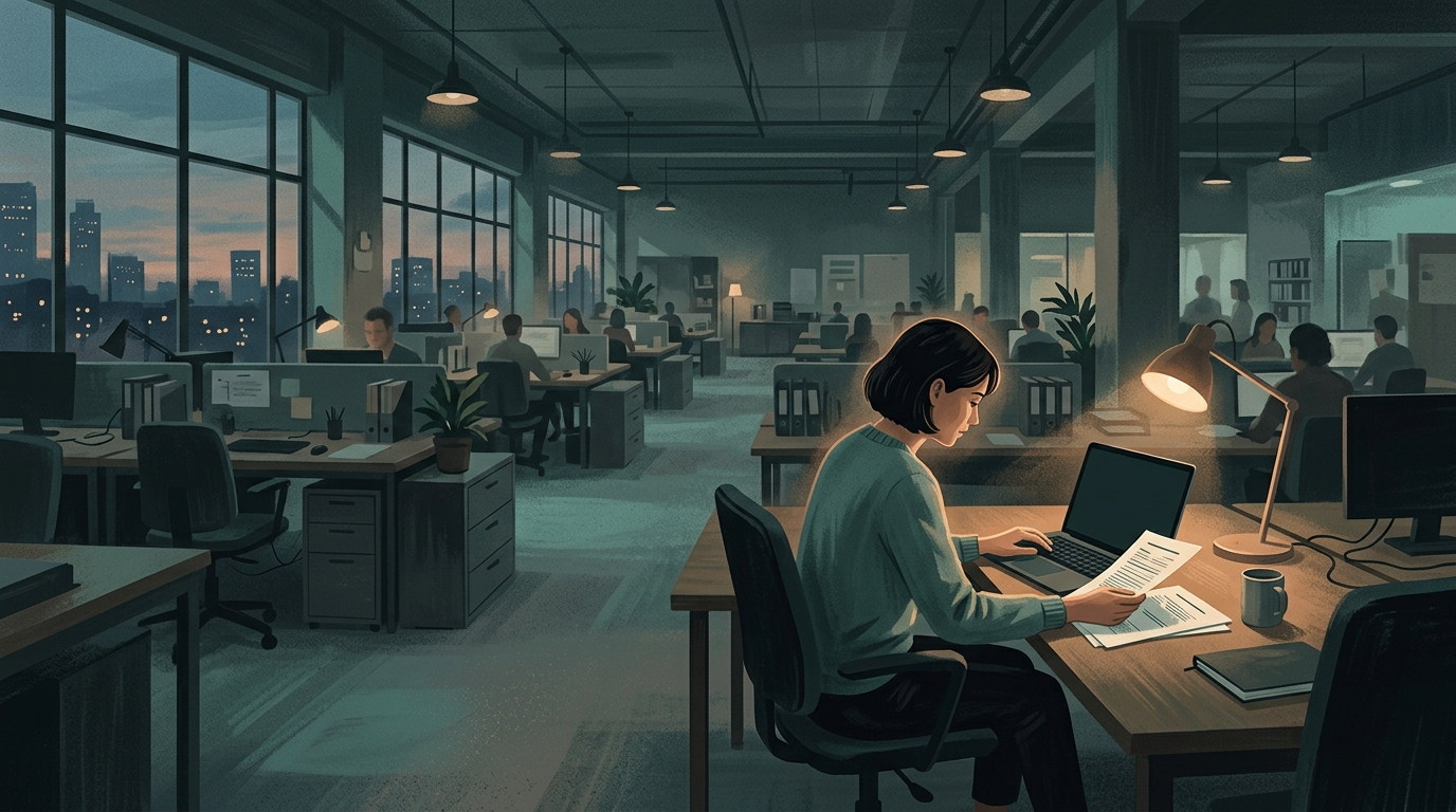 A worker at a desk in an open-plan office at dusk pauses over a printed document