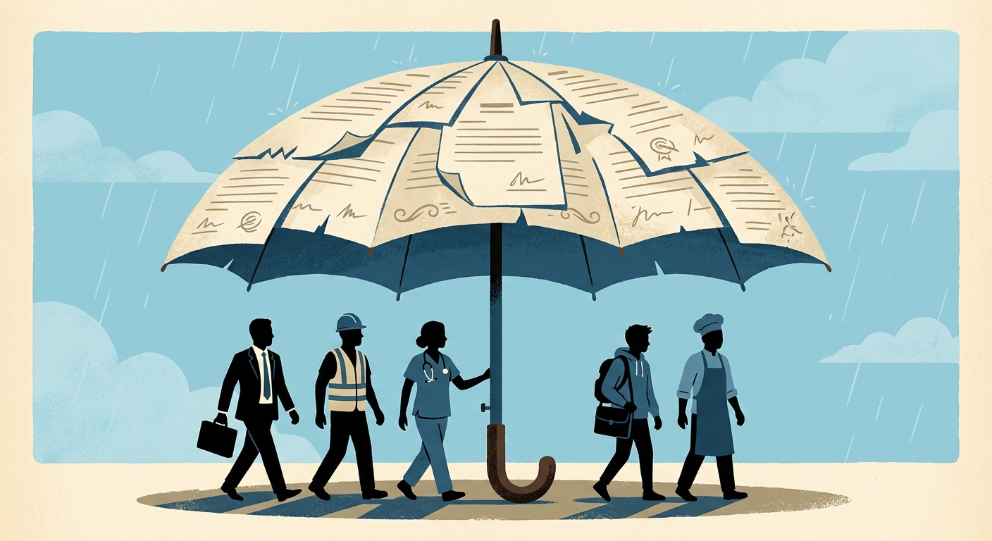 Five workers in different uniforms standing under an umbrella made of legal-document panels