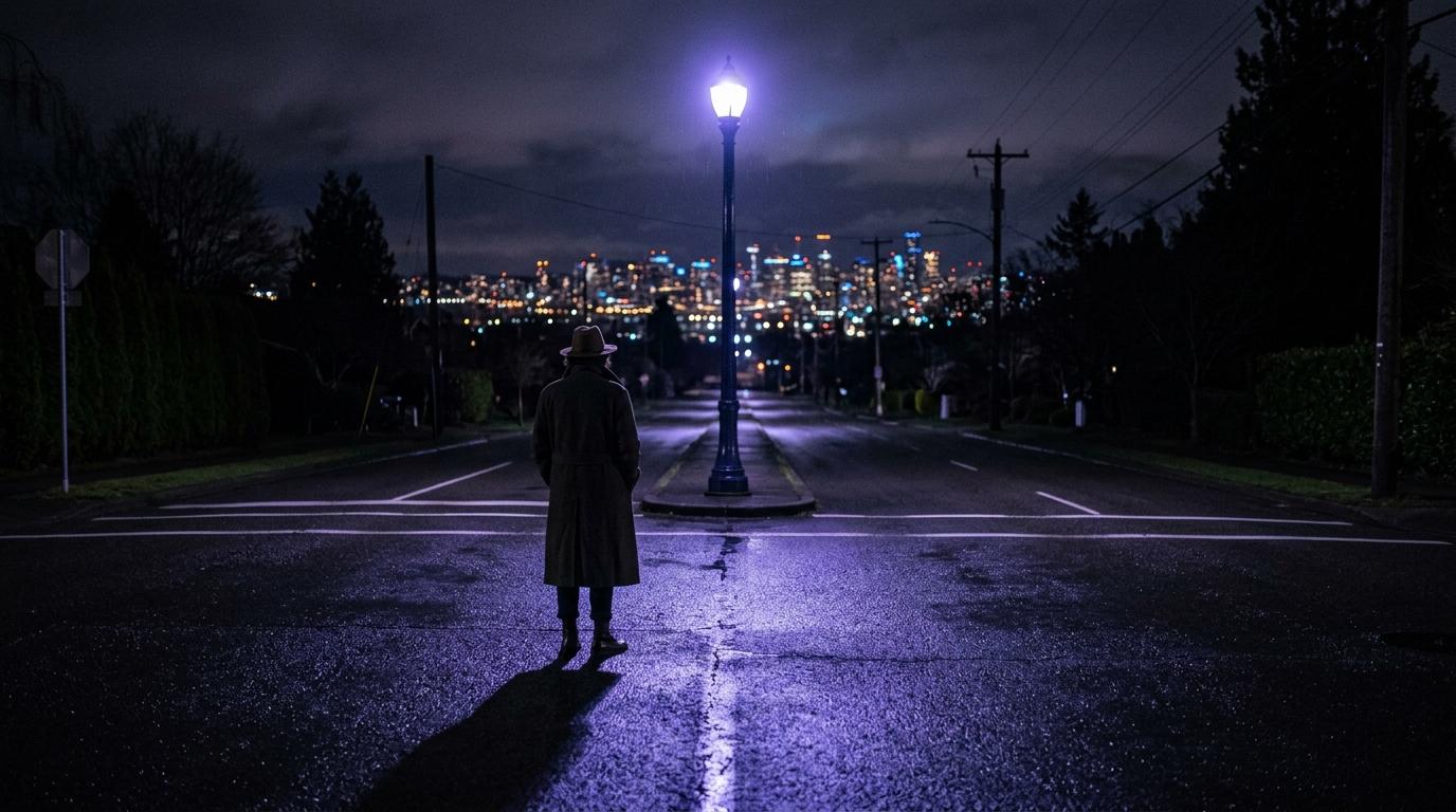 A lone figure at a four-way crossroads at night under a violet streetlamp, distant city lights on the horizon