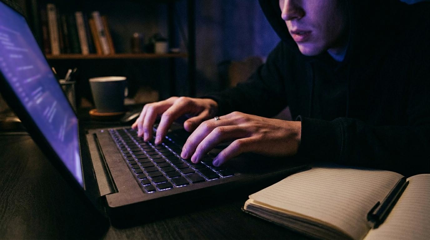 Hands typing on a laptop in a dim room, cool violet light from the screen, an open notebook beside it