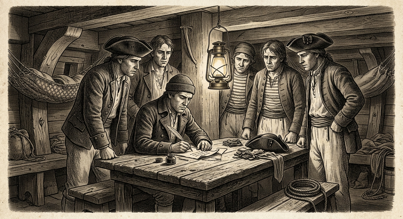 Continental Navy sailors signing a petition by lantern light below decks, period engraving illustration