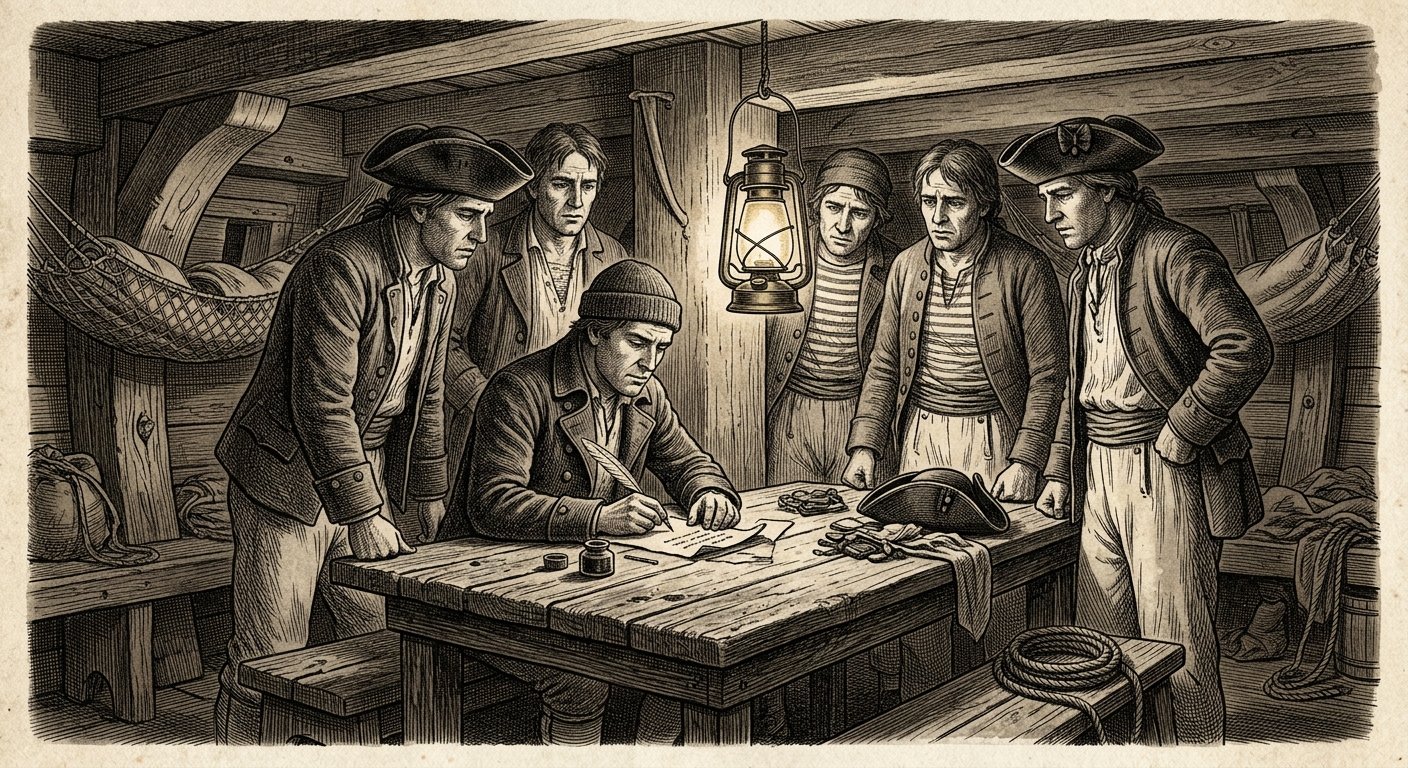 Marynarze Marynarki Kontynentalnej podpisujący petycję przy świetle latarni pod pokładem, ilustracja w stylu sztychu z epoki