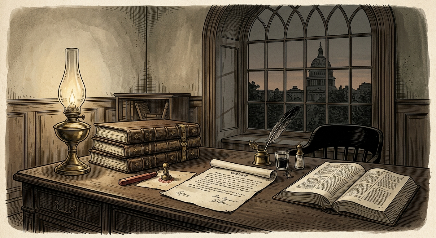 Civil-War-era government office desk with War Department ledgers, sealing wax and a Capitol-dome window, period engraving illustration