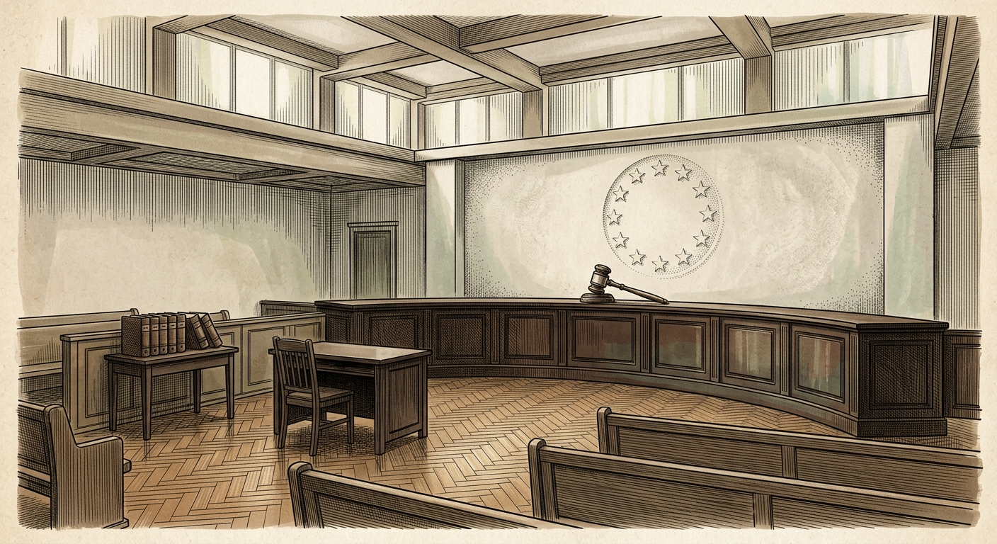 Empty modern continental high-court chamber with a twelve-star motif on the back wall, period engraving illustration