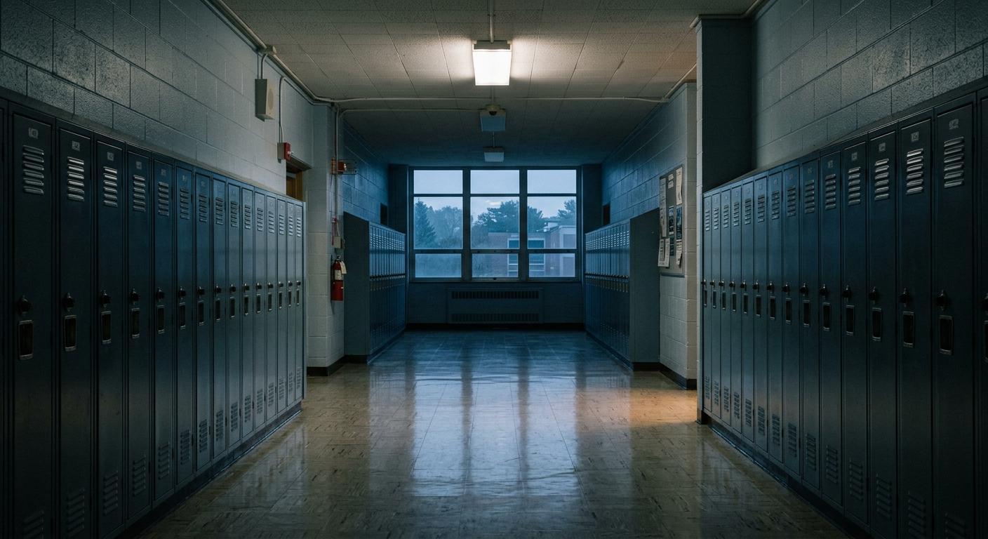 Empty school corridor at dusk, lockers receding to a distant window with cool blue light, a single warm overhead light still on closer to camera