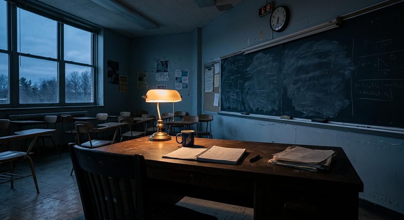 Empty teacher's desk in a darkened classroom, chair half-turned away, a coffee mug and an open notebook left on the desk, blackboard half-erased, a single warm desk lamp glowing against cool blue dusk light from a side window