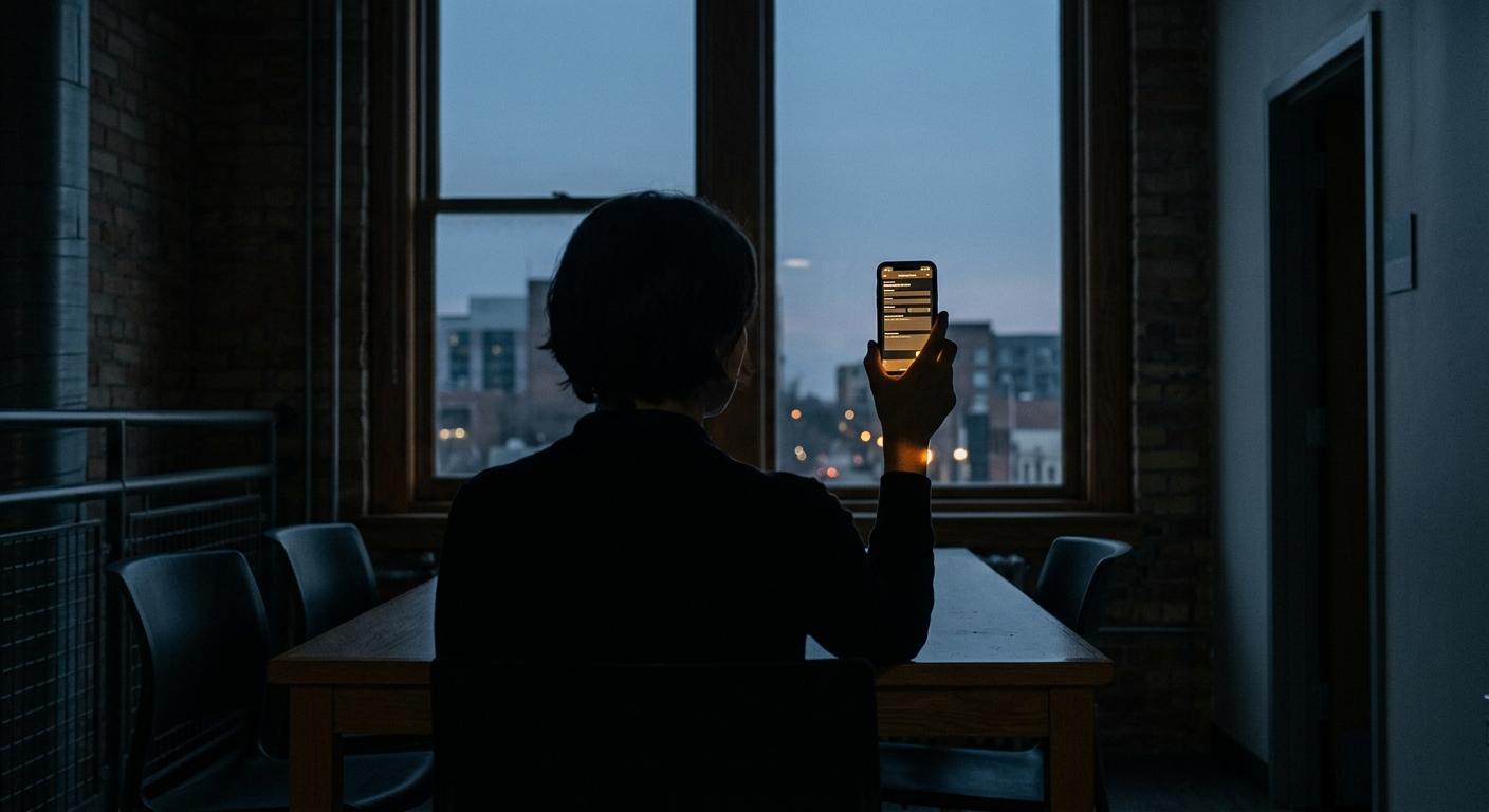 Silhouette of a hand holding a phone against a blue dusk window, the screen glow casting a small warm rectangle of light, the room behind in cool shadow