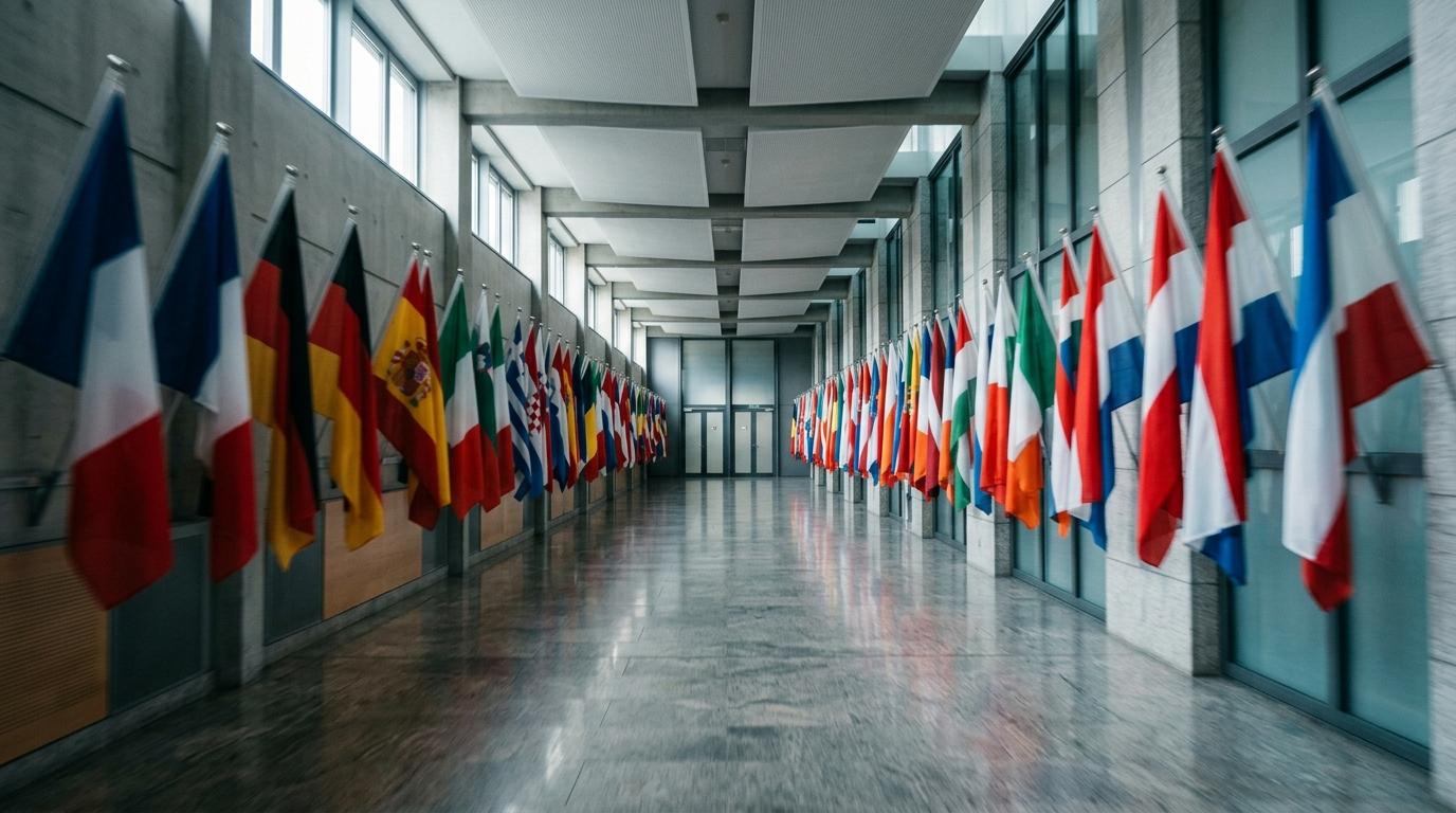 Corridor lined with EU member-state flags receding into the distance
