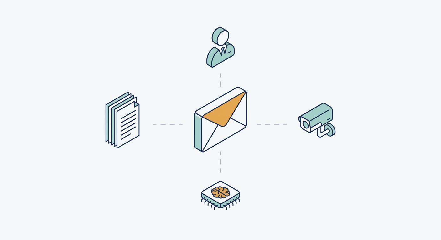 Isometric illustration of an inbox icon surrounded by firewall-log, surveillance-camera and AI-chip icons
