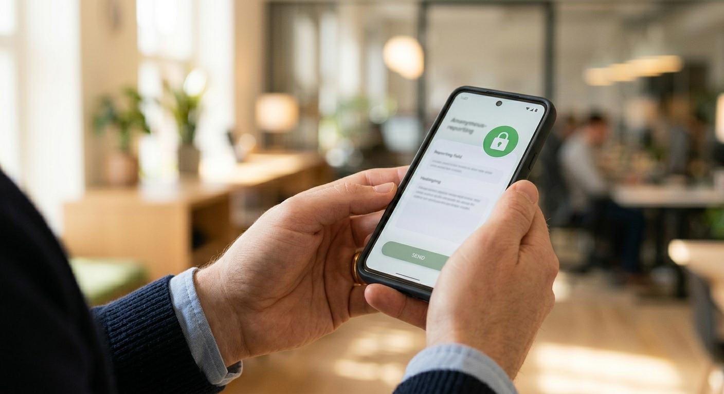 Person holding a phone that shows an anonymous reporting interface with a green padlock badge