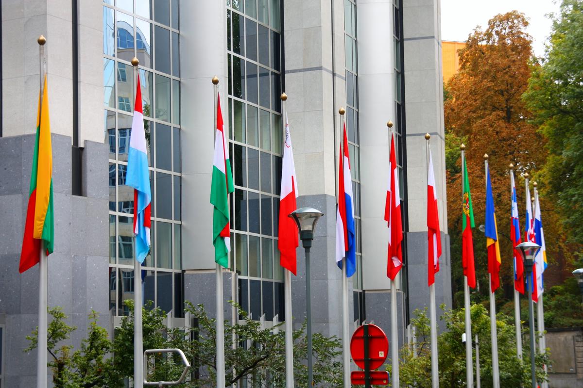 European Union member-state flags in front of the European Parliament in Brussels