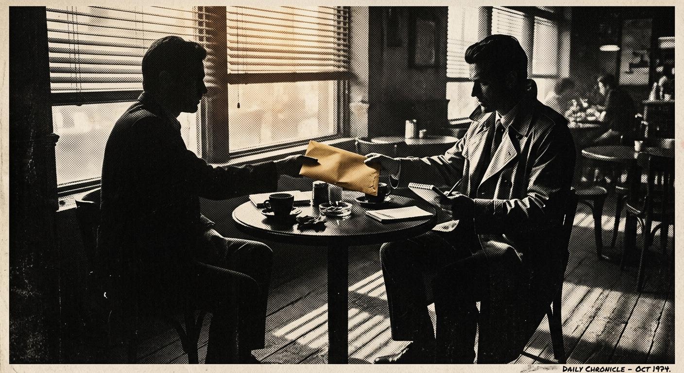 A halftone newspaper-style photograph of two silhouetted figures at a small cafe table, one passing a thick manila envelope across to the other