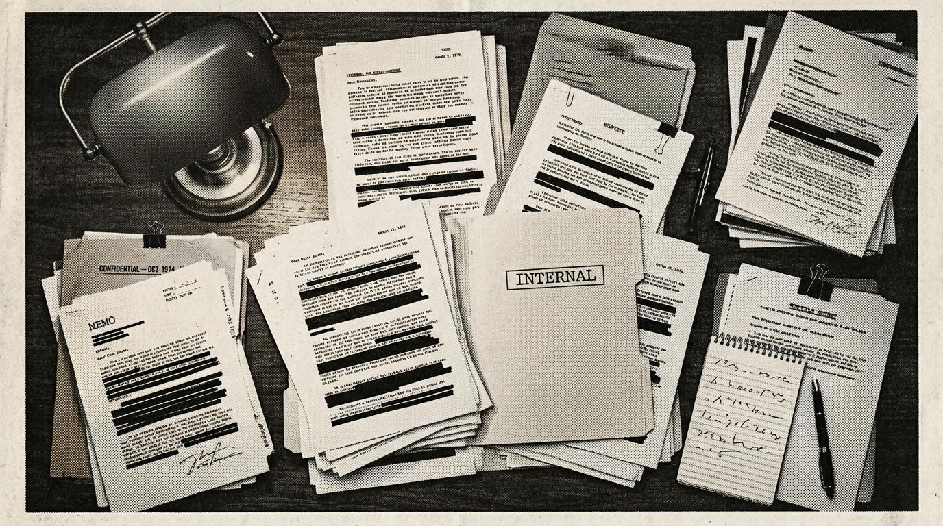 A halftone newspaper-style overhead photograph of a wooden desk piled with leaked documents, redaction blocks visible, lit by a green-shade banker's lamp