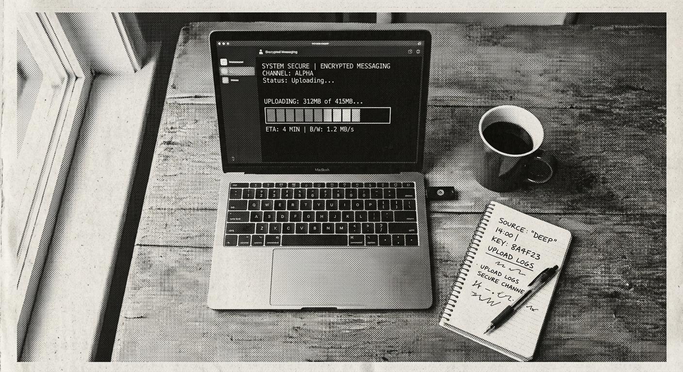 A halftone newspaper-style overhead photograph of a laptop on a wooden desk showing an encrypted-messaging interface, with a USB security key plugged in and a coffee mug beside it