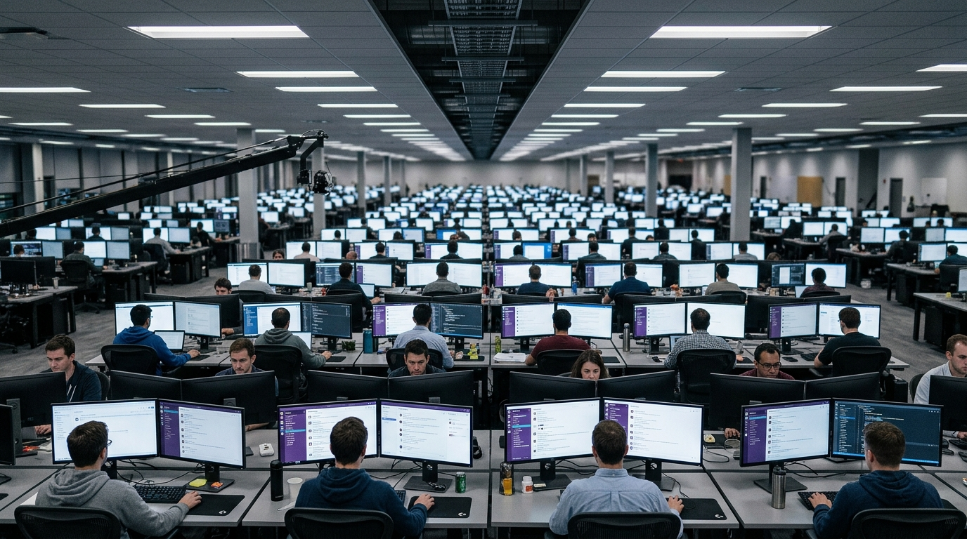 An open-plan engineering floor where every workstation displays a different user's private data