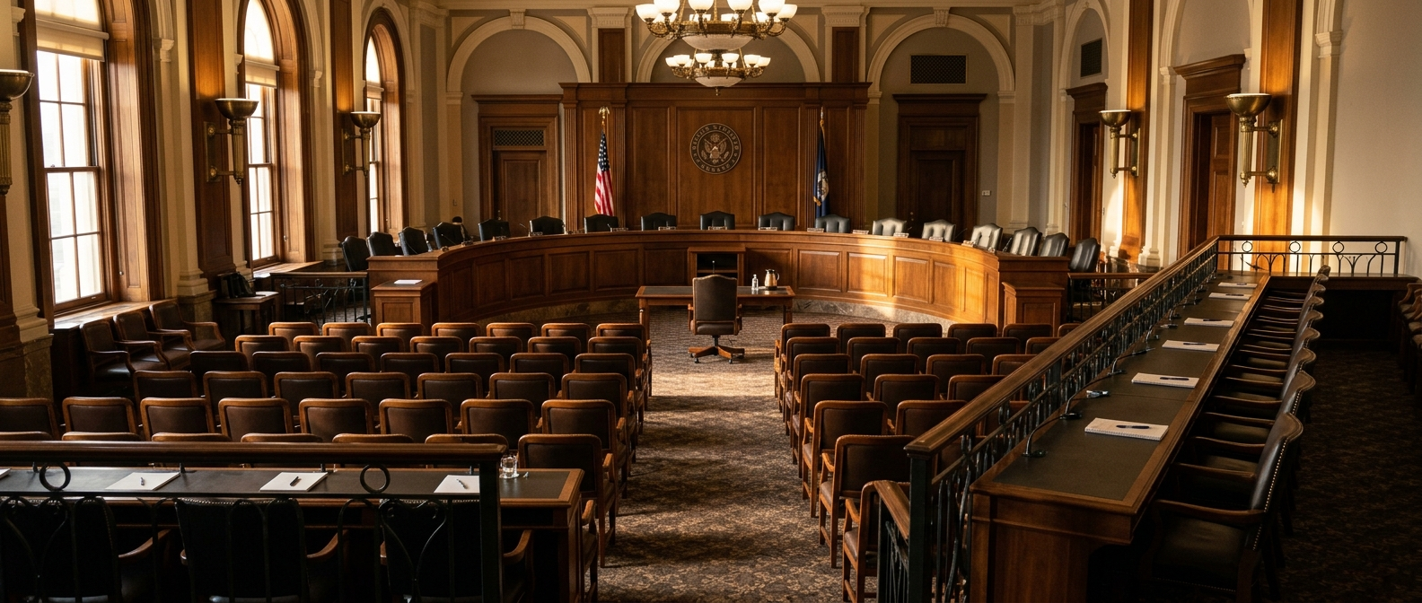 An empty witness chair at the front of a US Senate hearing room, viewed from across the empty press gallery