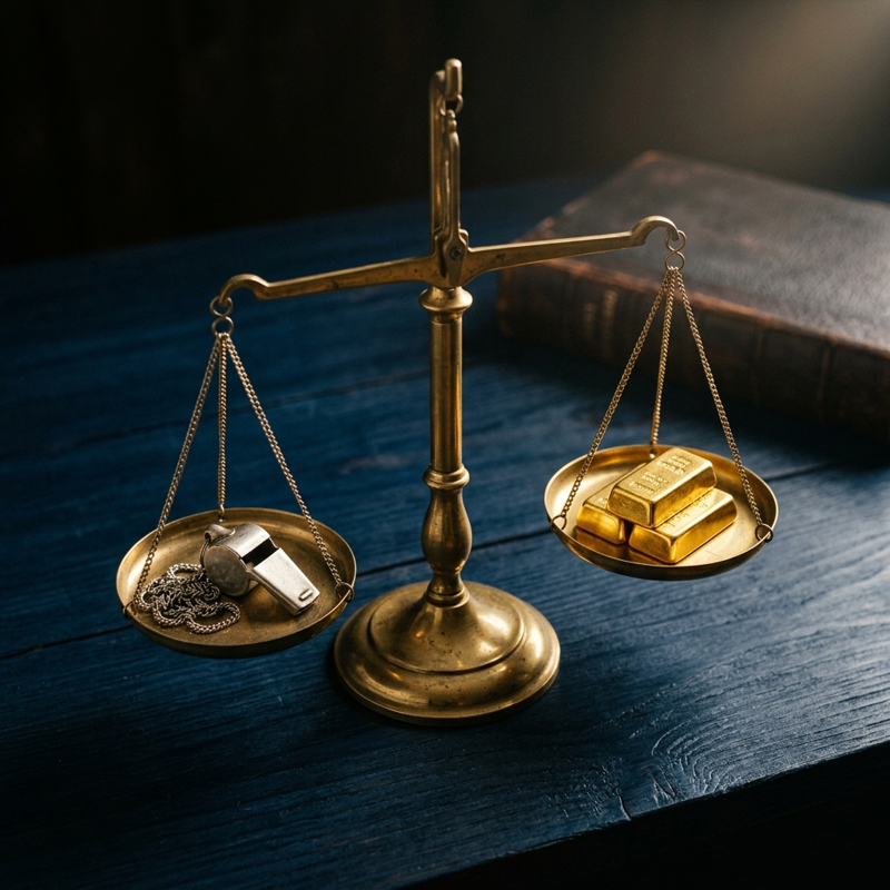 A brass balance scale weighing a metal whistle on the left pan against three small gold bars on the right, on a deep navy desk.