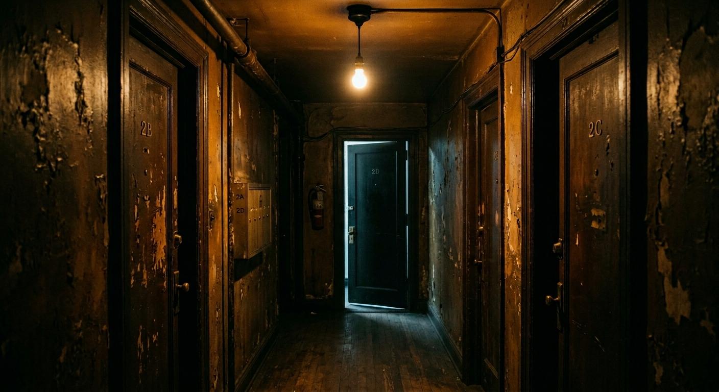 Słabo oświetlony korytarz tenement house z lat siedemdziesiątych nocą, oddający atmosferę brooklyńskiego budynku, w którym postrzelono Serpico.