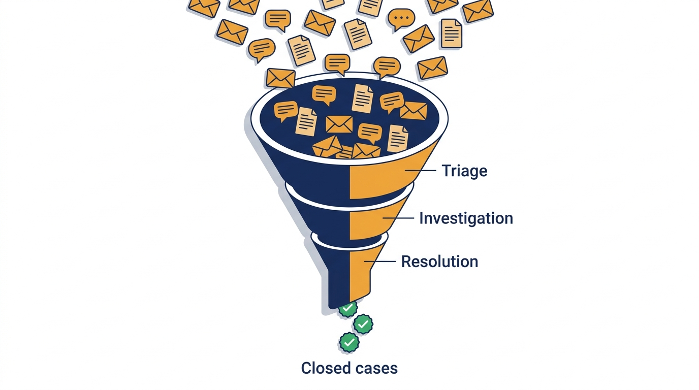 Izometryczna ilustracja lejka zgłoszeń sygnalistów zwężającego się przez etapy Triage, Postępowanie i Rozstrzygnięcie do niewielkiej liczby spraw zamkniętych