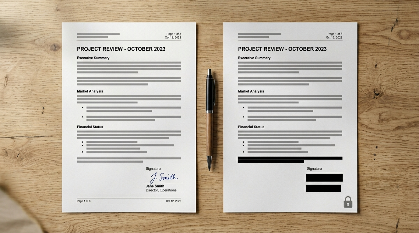 Dwa raporty leżące obok siebie na biurku: jeden podpisany jawnie, drugi z dane osobowymi zakrytymi czarnymi paskami i ikoną kłódki