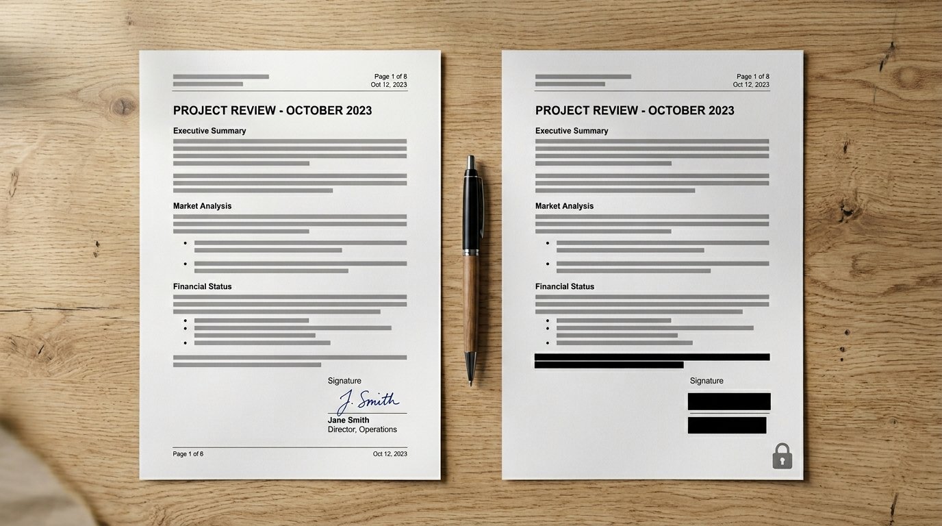 Dos informes en papel uno al lado del otro sobre un escritorio: uno firmado abiertamente, el otro con los datos personales redactados bajo barras negras y un icono de candado